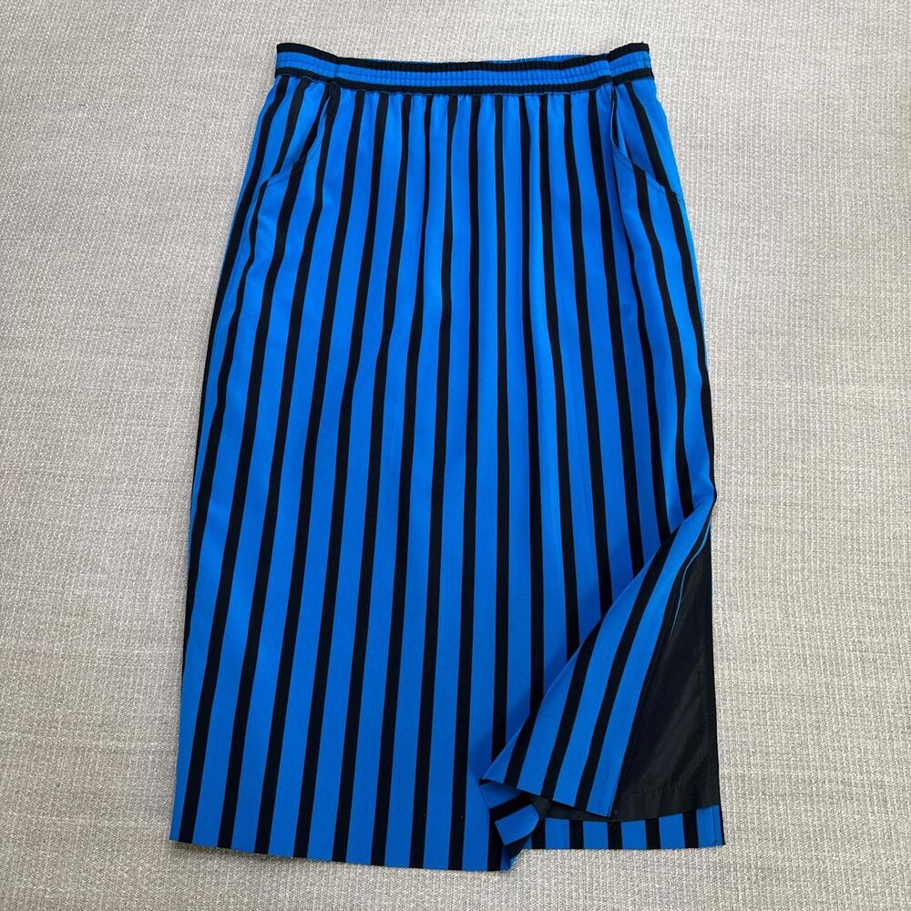 Retro 1980s Vintage Liz Claiborne Blue + Black Striped Pencil Skirt Size Small